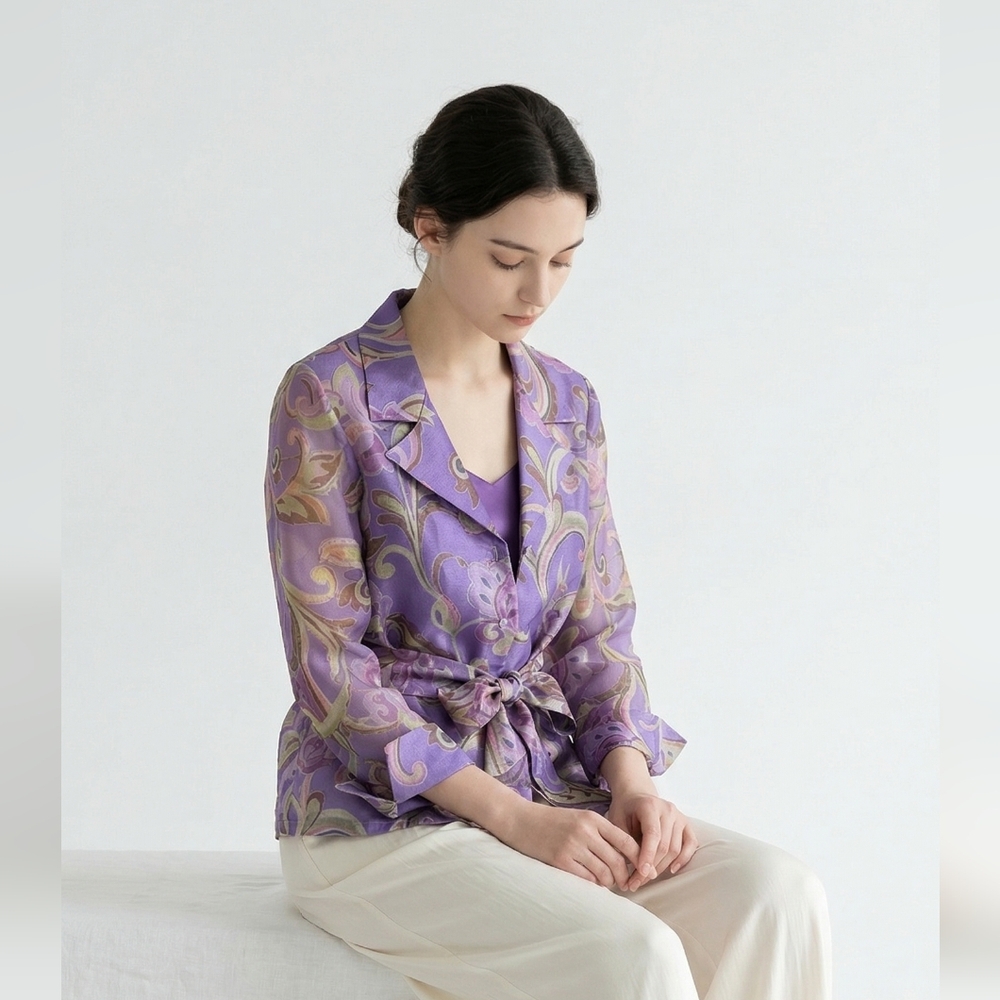 J.B.S. Blouse Purple Sheer Floral Retro Office Coquette Belted Button Up 22W NWT